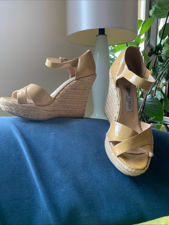 Jimmy Choo Shoes - Jimmy Choo Classic Nude Patent Espadrille Wedge Sandals - Size 37.5